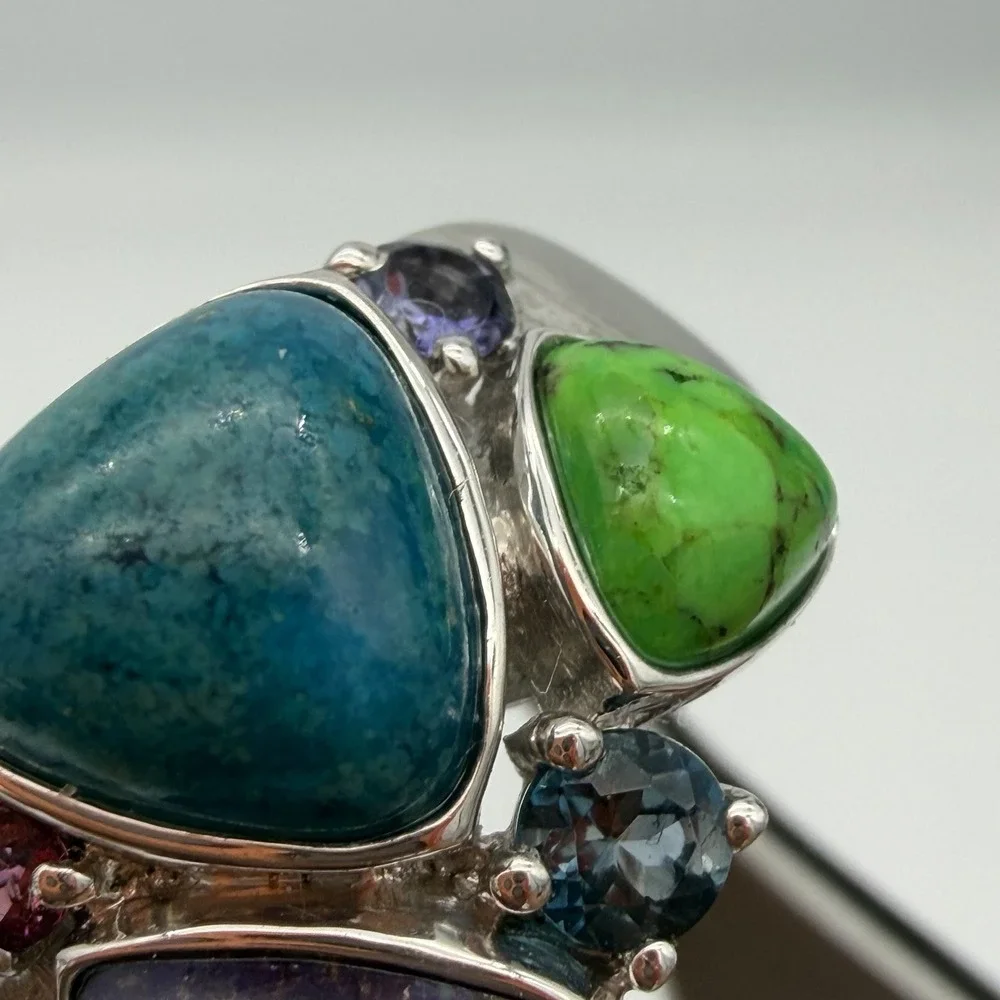 Vtg Lorenzo Sterling Silver Multi Gemstone Ring Turquoise Chrome Diopside QVC S7
